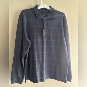 Men’s Van Heusen Polo Shirt Blue Plaid Long Sleeve Golf Preppy NWT